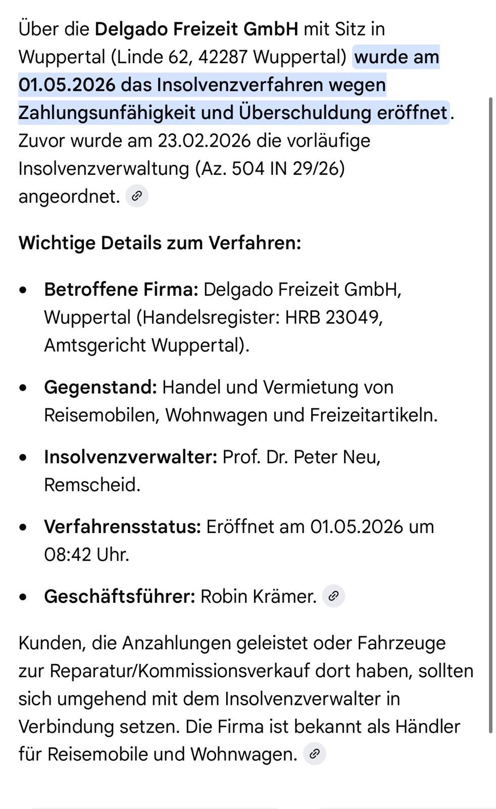 Insolvenzverfahren Delgado Freizeit GmbH